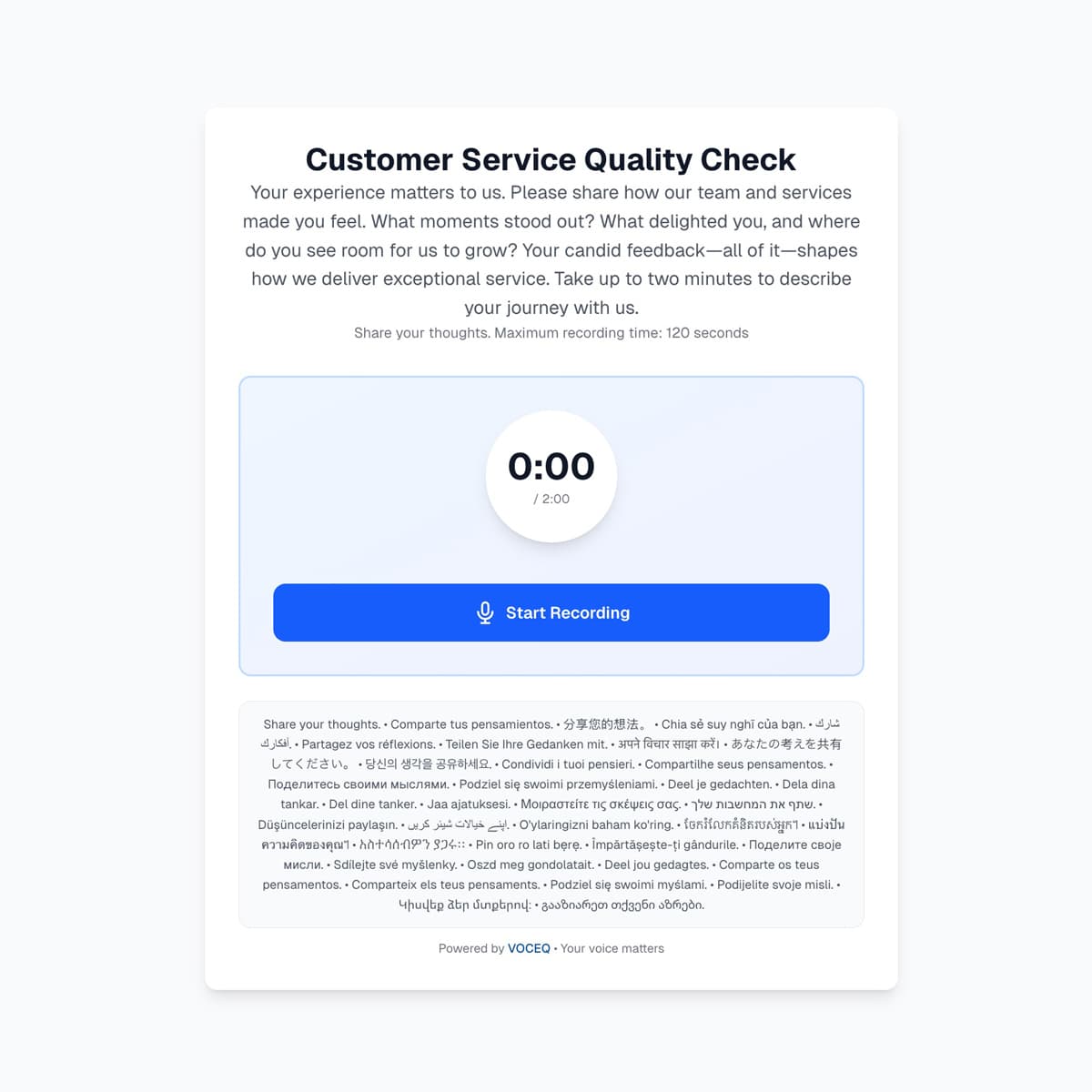 VOCEQ voice recording widget showing a Customer Service Quality Check with Start Recording button and multilingual support